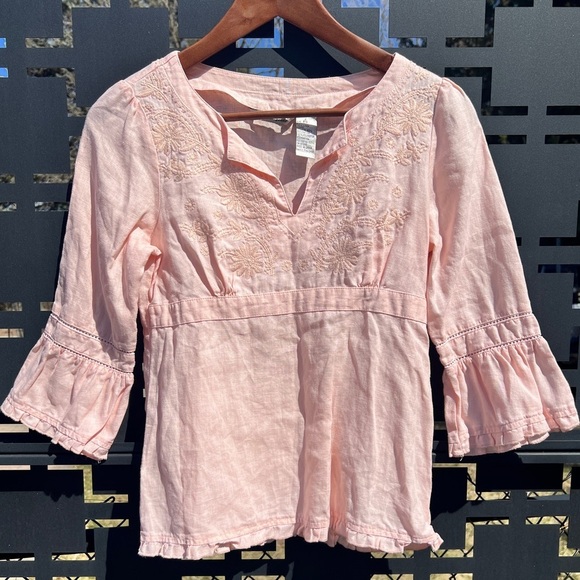 Edward Petite Womens Pastel Pink Linen Boho Embroidered Coquette Girl Blouse - Picture 3 of 12